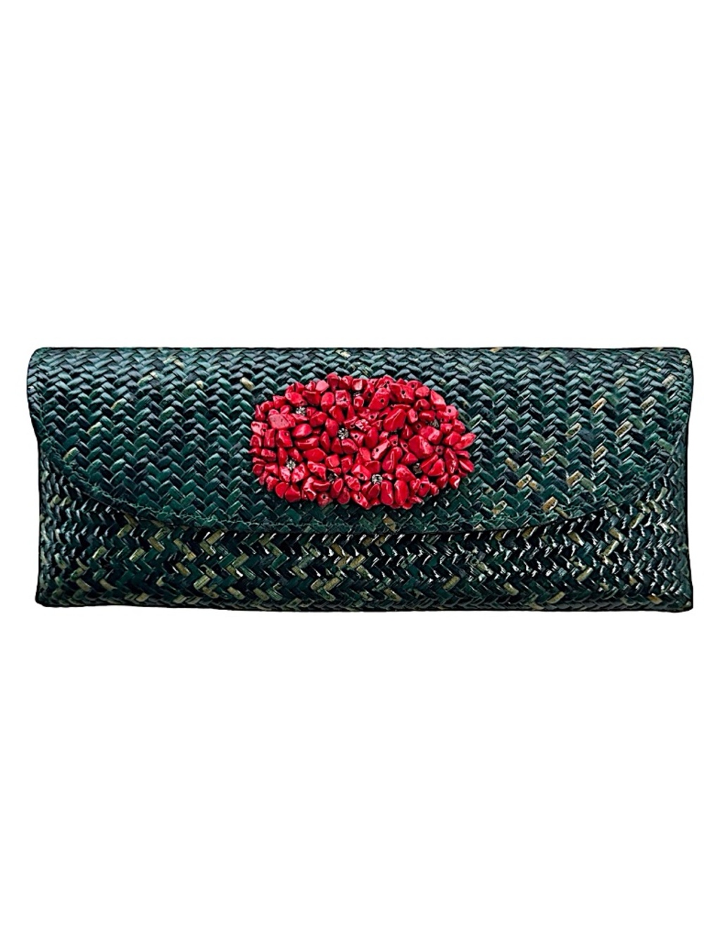 JAN NEW YORK Woven Clutch w/ Red Coral Stone Diamond Accent 10” Envelope